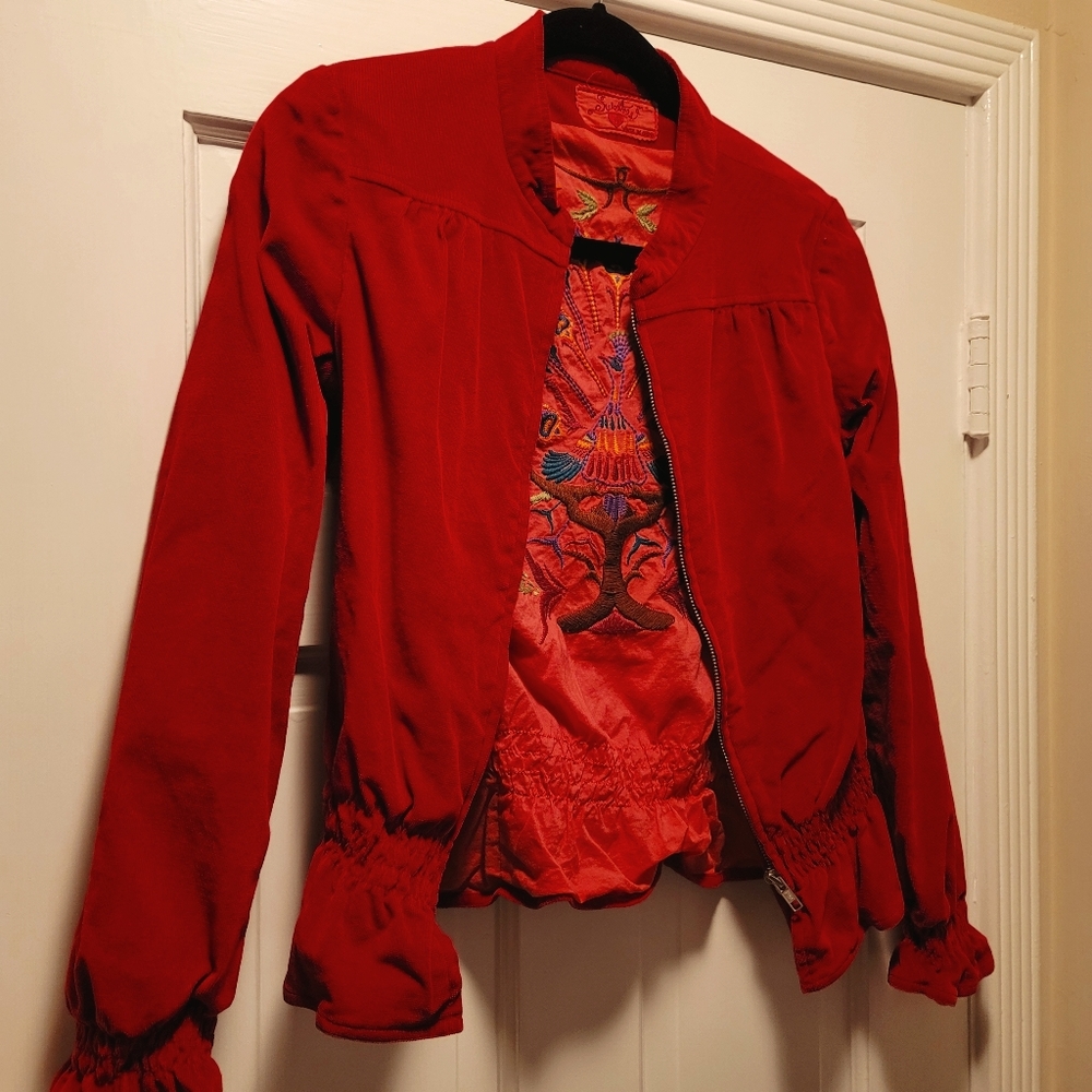Red corduroy bomber jacket
